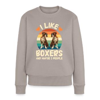 Chien Boxer AIME LES BOXERS ET PEUT-ÊTRE 3 PERSONNES Drôle - Pull Premium bio Femme - taupe - Devant - Julia (174cm)
