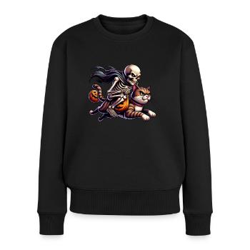 Skelett reitet auf Katze Halloween - Frauen Premium Bio Pullover - Schwarz - Vorne - Julia (174cm)