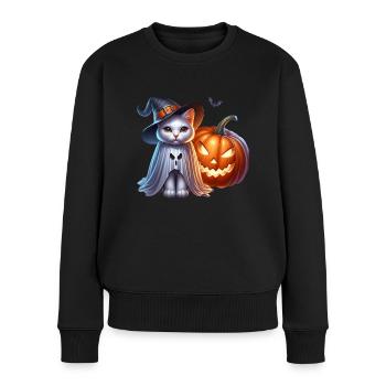 Chat avec chapeau de sorcière citrouille Halloween - Pull Premium bio Femme - noir - Devant - Julia (174cm)