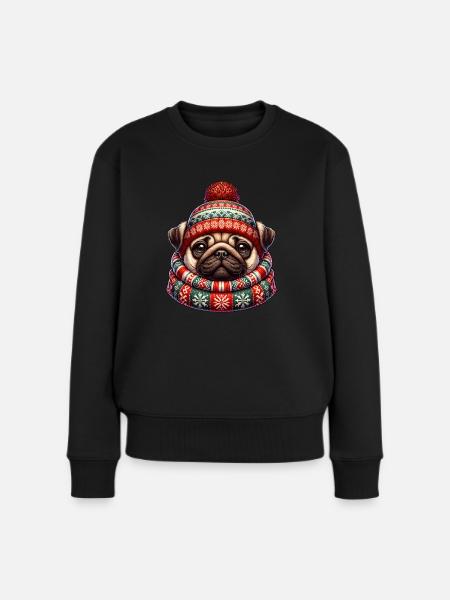 süßer Mops Weihnachten Nikolaus Familie - Frauen Premium Bio Pullover - Schwarz