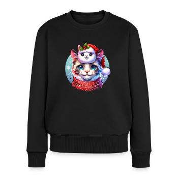 Alpaka & Katze Weihnachten - Frauen Premium Bio Pullover - Schwarz - Vorne - Julia (174cm)