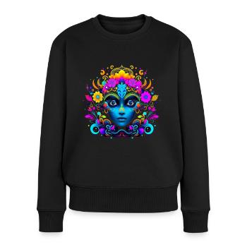 Frau mit Blumen im Haar, psychedelisch - Frauen Premium Bio Pullover - Schwarz - Vorne - Julia (174cm)