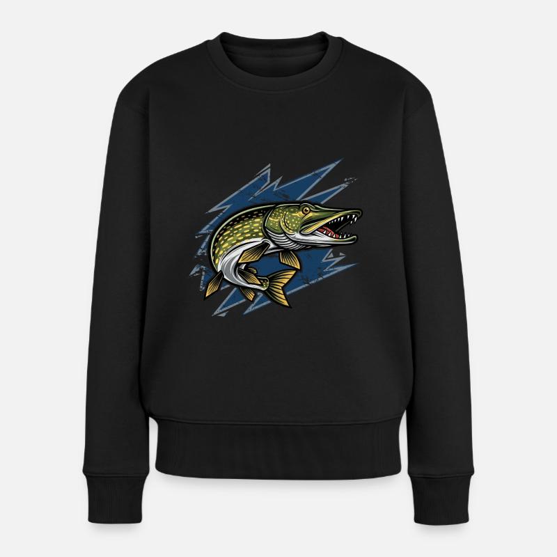 Hecht Esox Lucius Angeln - Frauen Premium Bio Pullover - Schwarz