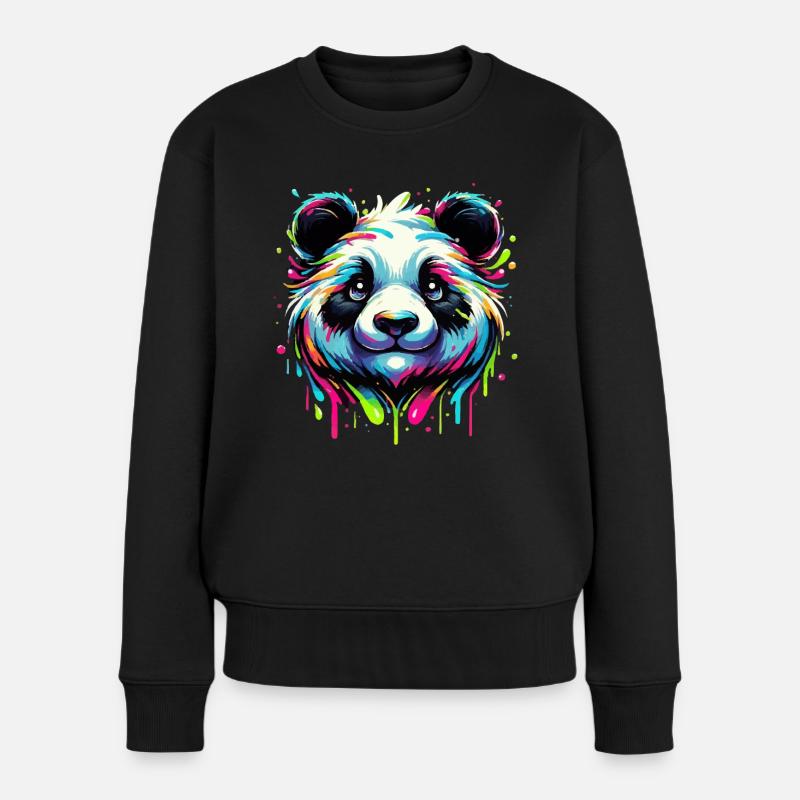 Panda Power: Bunte Farbexplosion Pandakopf - Frauen Premium Bio Pullover - Schwarz