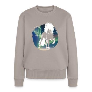 Polarlicht-Tölter white - Frauen Premium Bio Pullover - Taupe - Vorne - Julia (174cm)
