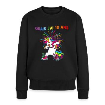 Licorne Ouais J'Ai 18 Ans Humour Anniversaire 18 - Pull Premium bio Femme - noir - Devant - Julia (174cm)