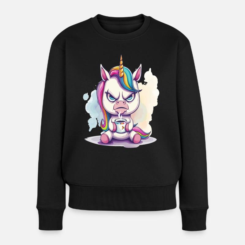 Ein wütend aussehendes Einhorn mit einer Tasse Kaffee in der Hand - Frauen Premium Bio Pullover - Schwarz