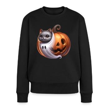 Halloween süße Katze Kuerbis Gespenst - Frauen Premium Bio Pullover - Schwarz - Vorne - Julia (174cm)
