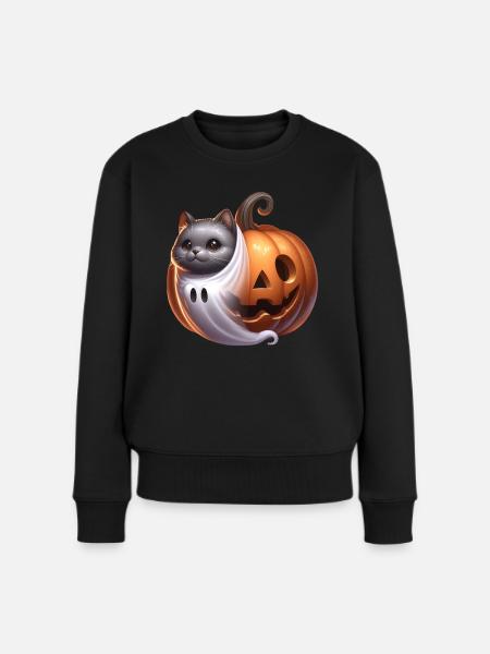 Halloween süße Katze Kuerbis Gespenst - Frauen Premium Bio Pullover - Schwarz