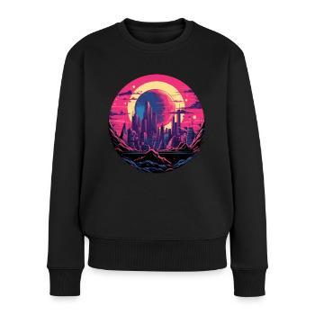 Zukunftsstadt in den Bergen, Planeten und Synthwave - Frauen Premium Bio Pullover - Schwarz - Vorne - Julia (174cm)