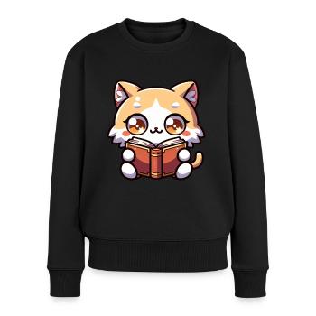 Katze liest Buch Kätzchen Bodysuit Druck - Frauen Premium Bio Pullover - Schwarz - Vorne - Julia (174cm)