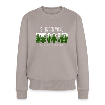 Shinrin yoku - Waldbaden - Waldmeditation - Frauen Premium Bio Pullover - Taupe - Vorne - Julia (174cm)