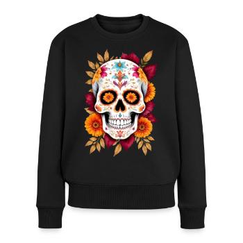 Tête de mort mexicaine sugar skull calavera fleurs - Pull Premium bio Femme - noir - Devant - Julia (174cm)