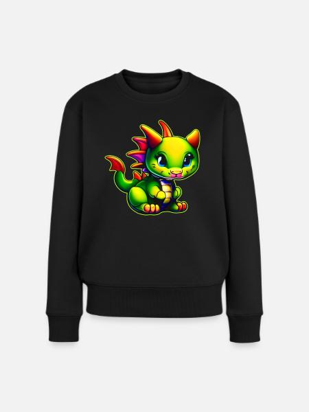 Kleiner süßer grüner Fantasy Drache - Frauen Premium Bio Pullover - Schwarz