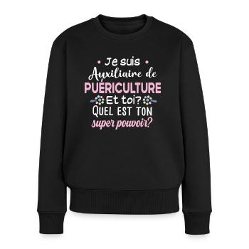 Auxiliaire de puériculture Puéricultrice Métier - Pull Premium bio Femme - noir - Devant - Julia (174cm)