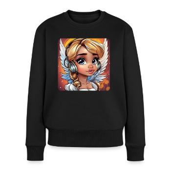 Ange mignon avec des écouteurs - Pull Premium bio Femme - noir - Devant - Julia (174cm)