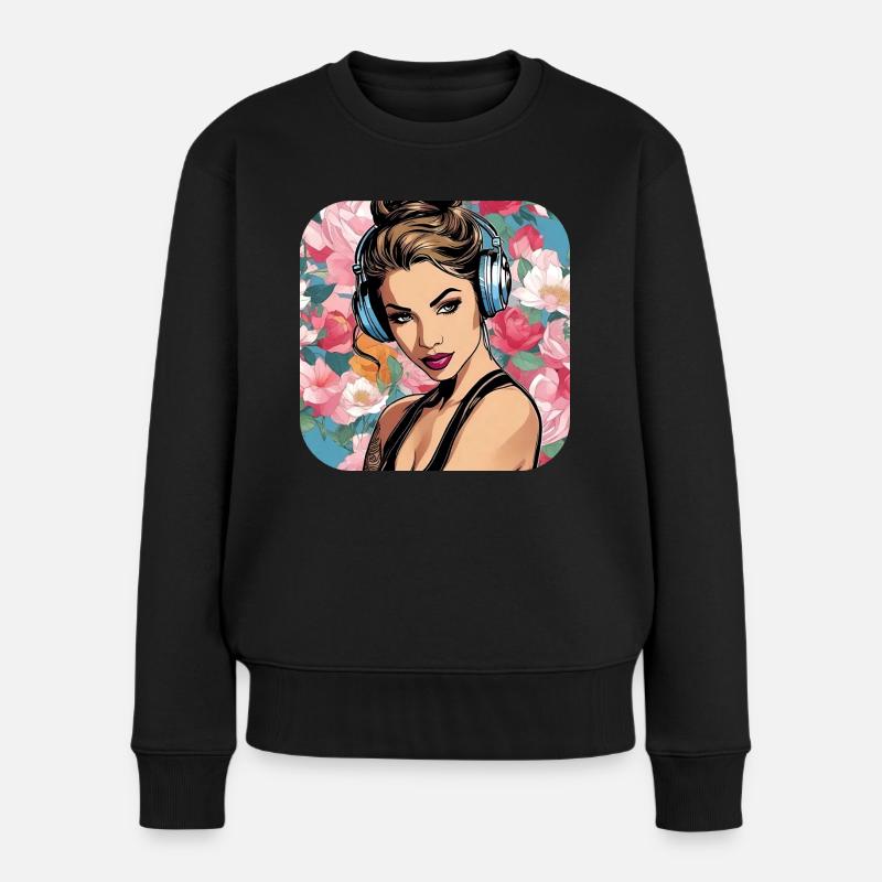 Cooles Girl mit Kopfhörer und Blumen - Frauen Premium Bio Pullover - Schwarz