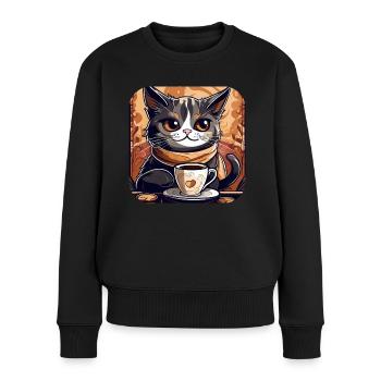 Niedliche Kaffee Katze - Frauen Premium Bio Pullover - Schwarz - Vorne - Julia (174cm)