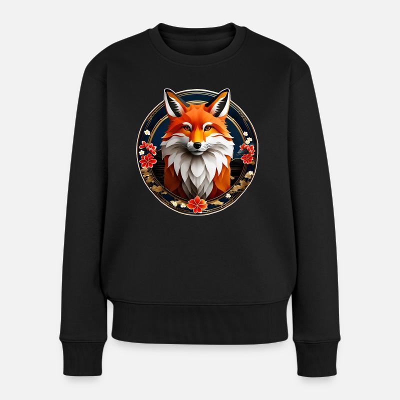 Renard asiatique avec des fleurs de cerisier - Pull Premium bio Femme - noir