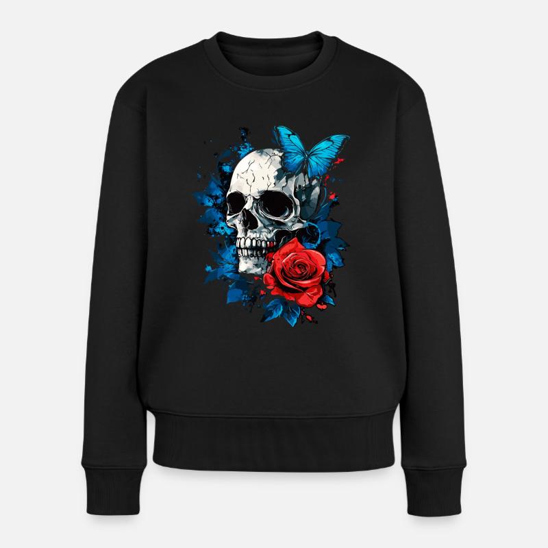 Totenkopf Totenschädel Schmetterling Rose Blume - Frauen Premium Bio Pullover - Schwarz