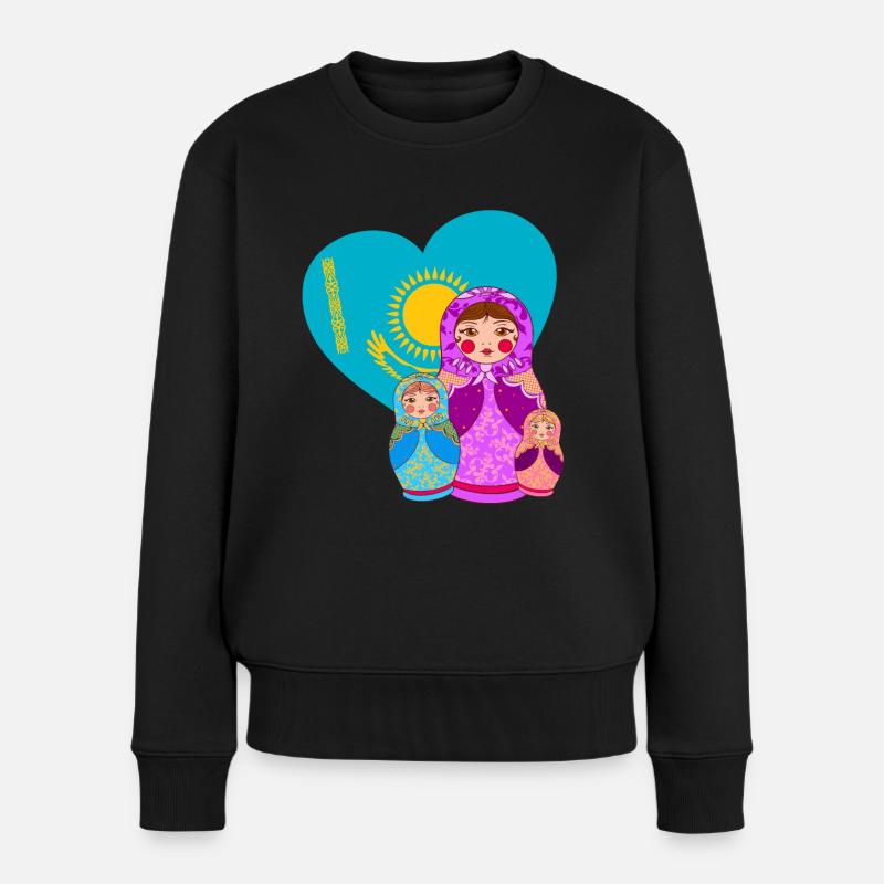 Babuschka Matrjoschka Design mit Kasachstan Flagge - Frauen Premium Bio Pullover - Schwarz