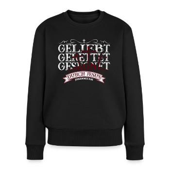 Geliebt, gerettet, gesegnet durch Jesus Christus - Frauen Premium Bio Pullover - Schwarz - Vorne - Julia (174cm)