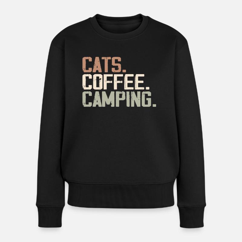 Retro Katzen Kaffee Camping Lustige Camper - Frauen Premium Bio Pullover - Schwarz