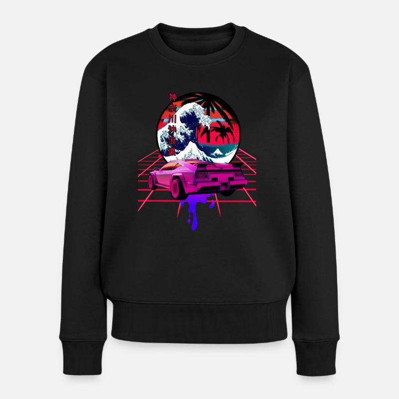 große Welle vor kanagawa retro wave sunset - Frauen Premium Bio Pullover - Schwarz