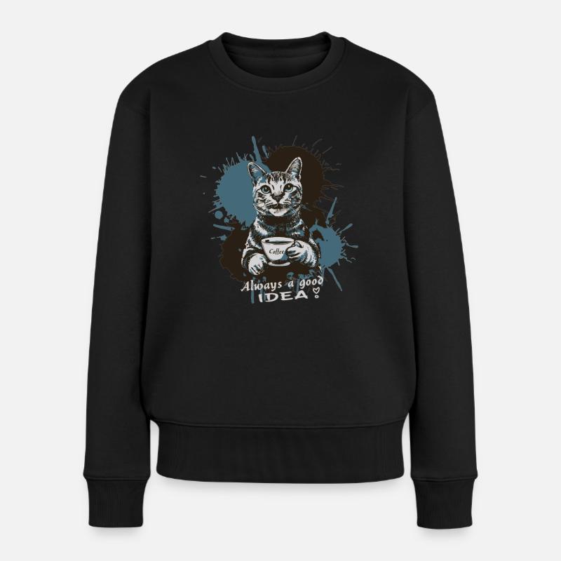 Katze mit Kaffee, Kaffee ist immer eine gute Idee - Frauen Premium Bio Pullover - Schwarz