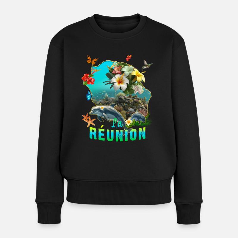 Reunion Delfin Tropic Schmetterling Seestern - Frauen Premium Bio Pullover - Schwarz