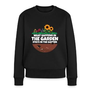 Gärtner Spruch was im Garten Passiert - Frauen Premium Bio Pullover - Schwarz - Vorne - Julia (174cm)