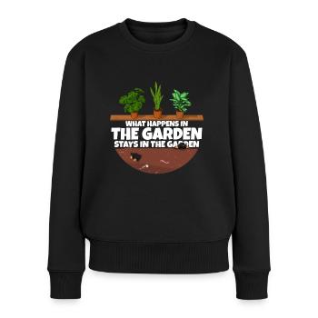 Gärtner Spruch was im Garten Passiert - Frauen Premium Bio Pullover - Schwarz - Vorne - Julia (174cm)