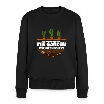 Gärtner Spruch was im Garten Passiert - Frauen Premium Bio Pullover - Schwarz - Vorne - Julia (174cm)