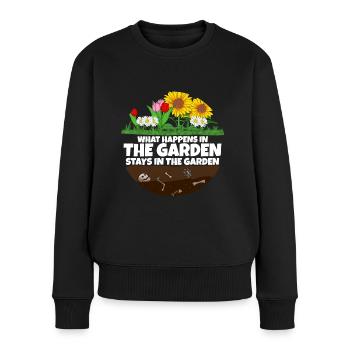 Gärtner Spruch was im Garten Passiert - Frauen Premium Bio Pullover - Schwarz - Vorne - Julia (174cm)