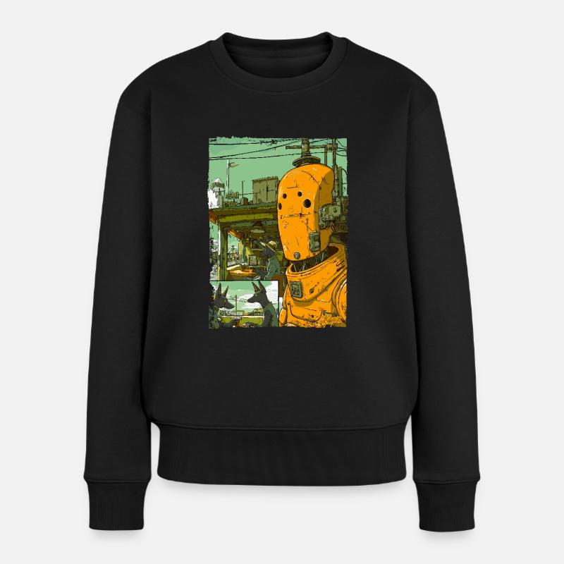 Cartoon einer Sci-Fi-Dystopie mit Roboter - Frauen Premium Bio Pullover - Schwarz