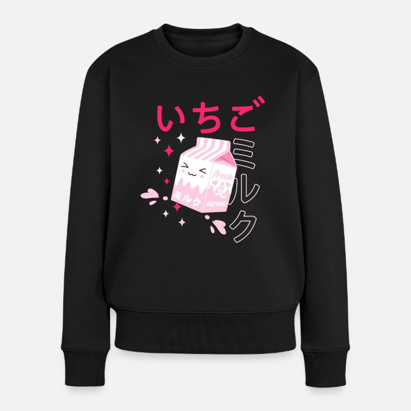 Erdbeermilch, Kawaii, Strawberry Milk - Frauen Premium Bio Pullover - Schwarz