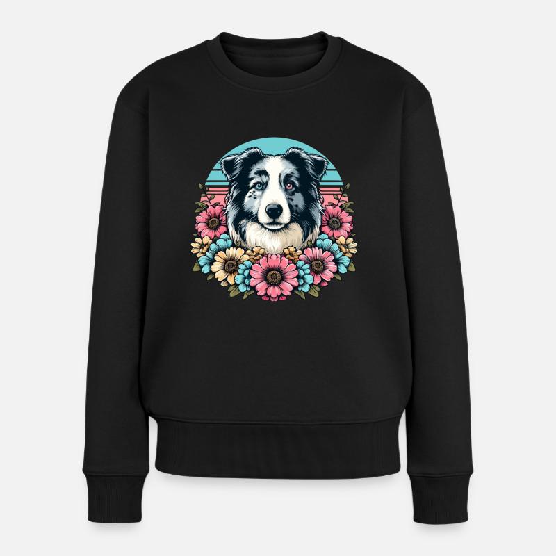 Border Collie Retro Pastell Blumen blue merle - Frauen Premium Bio Pullover - Schwarz