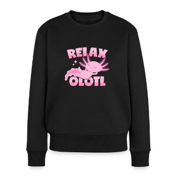 Relaxender Axolotl Wortwitz: Relaxolotl - Frauen Premium Bio Pullover - Schwarz - Vorne - Julia (174cm)