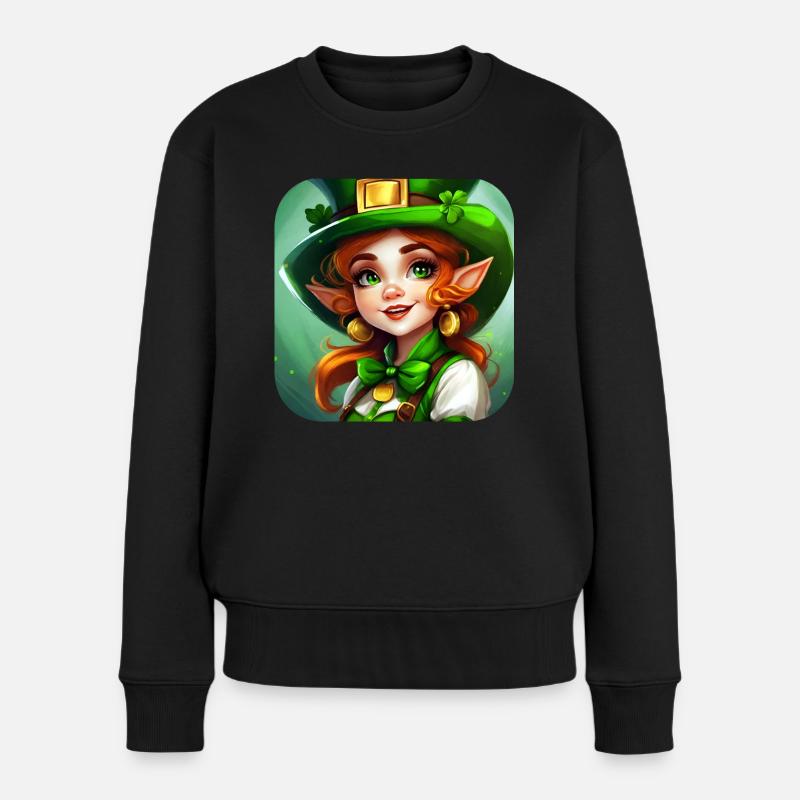 Saint Patricks Day Kobold Mädchen mit Kleeblatt - Frauen Premium Bio Pullover - Schwarz