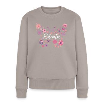 Papillon Jeune Retraitée Femme Retraite - Pull Premium bio Femme - taupe - Devant - Julia (174cm)