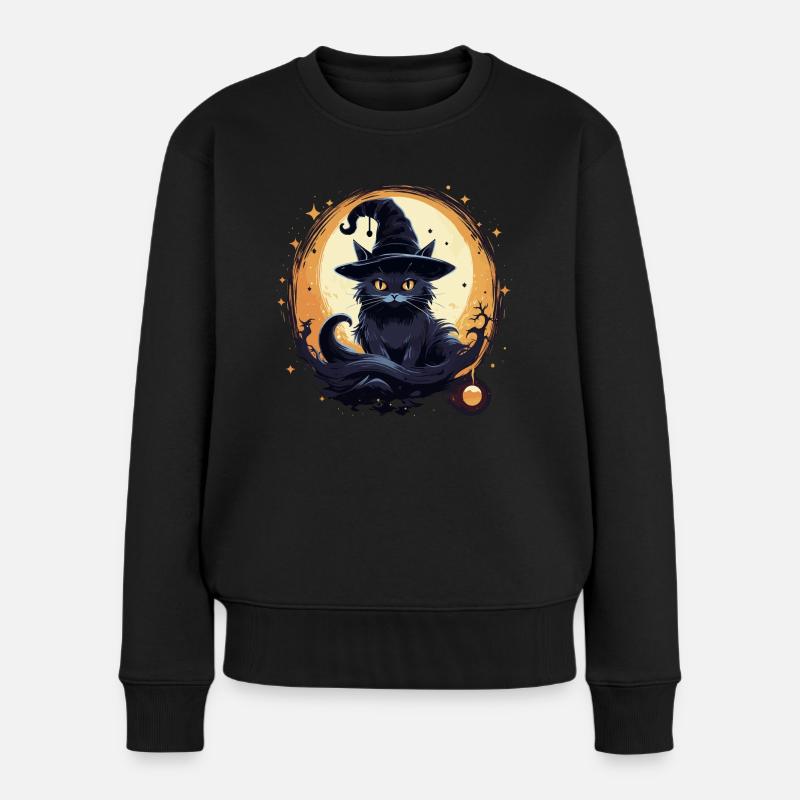 Schwarze Katze mit Hexenhut - Frauen Premium Bio Pullover - Schwarz