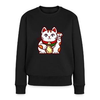 Winke Katze Maneki-neko - Frauen Premium Bio Pullover - Schwarz - Vorne - Julia (174cm)