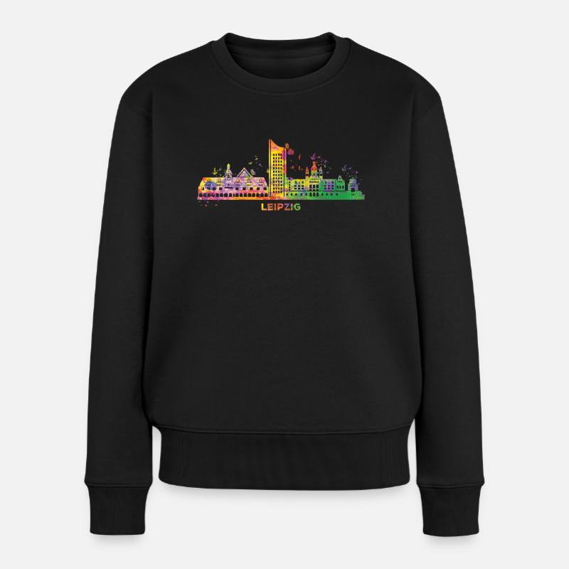 Leipziger Skyline Bunt Stadtbild Leipzig - Frauen Premium Bio Pullover - Schwarz