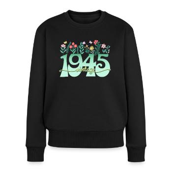 Motif Fleurs 1945 Fête Anniversaire Femme 80 Ans - Pull Premium bio Femme - noir - Devant - Julia (174cm)