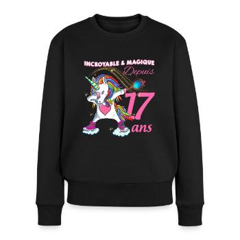 Anniversaire 17 ans Humour Licorne dab Magique - Pull Premium bio Femme - noir - Devant - Julia (174cm)