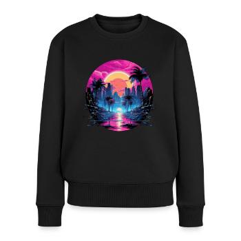 Neon City Palmen Fluss Synthwave 80er Jahre Stil - Frauen Premium Bio Pullover - Schwarz - Vorne - Julia (174cm)