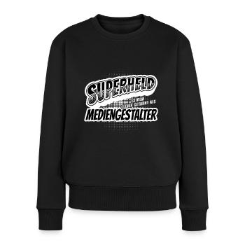 Superheld, clever getarnt als Mediengestalter - Frauen Premium Bio Pullover - Schwarz - Vorne - Julia (174cm)