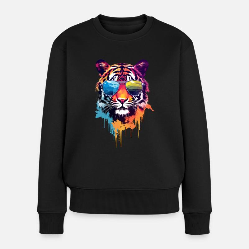 Bunter Tiger mit Sonnenbrille - Frauen Premium Bio Pullover - Schwarz