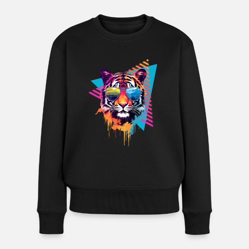 Tigre avec lunettes de soleil style années 80 - Pull Premium bio Femme - noir