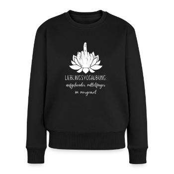 Lieblingsyogaübung: aufgehender Mittelfinger - Frauen Premium Bio Pullover - Schwarz - Vorne - Julia (174cm)